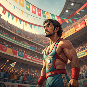 Aamir Khan standing in a vibrant stadium. Dressed in wrestling gear. Crowds cheering in the background.
