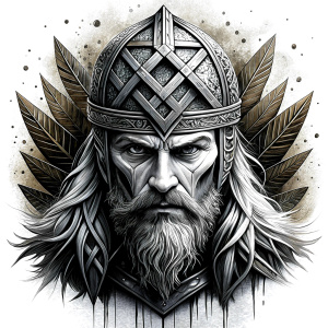 walhalla, viking warrior,  runics face, black work, white backrounds