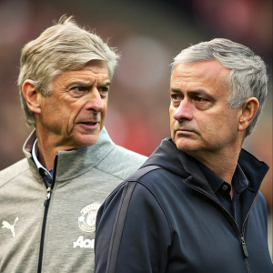 Collage featuring Arsene Wenger and Jose Mourinho. Both in casual attire. Arsene Wenger with focused expression, wrinkles visible. Jose Mourinho with neutral expression. Background blurred, focus on upper torsos.
