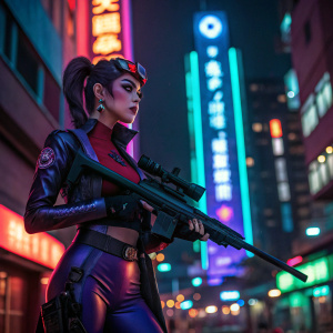 Colorful portrait of Widowmaker from Overwatch. Posing confidently, holding sniper rifle. Neon-lit cyber cityscape backdrop
