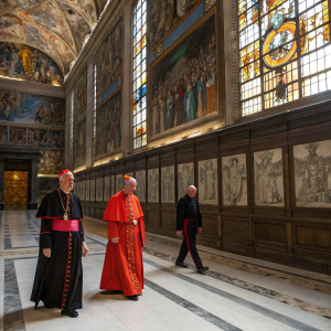 Cardinals and other Vatican officials walking in front of the Sistine Chapel. Stained glass windows casting light on the scene.