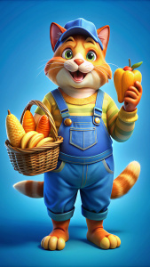 an amimated orange fat cat male wearing in blue overalls and a yellow T-shirts happy holding a big  basket with groceries, sausages, baugette, milk