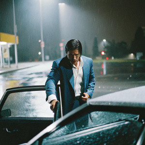 Nathaniel Arcand, actor, in an intense scene from 'FBI: Most Wanted.' He wears a blue suit with white shirt. Outdoor, rainy night, cityscape