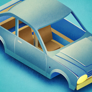 3D render of Toyota Celica GTO widebody kit. Digital illustration showcasing the curvature and structure of the car's bodywork. Brown and yellow parts highlight the unique wide-body aesthetic. Plain white background