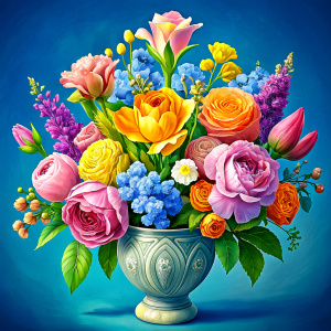 Watercolor image ,pink iris , pink daffodil ,orange snapdragon , mint gladioluspale roses, pink popy ,rose pink aster ,pink canna ,yellow calla , celosla , olive patunias ,pink lilac ,leek ,yellow hyacinth , a cobalt blue huge french decorated WITH FLOWERs Vase with green blue ornaments ,on a white wall, watercolor