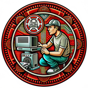 logo, Master man 30 yo repairs a computer, round emblem with a computer theme, --no text letters,circle background, white background