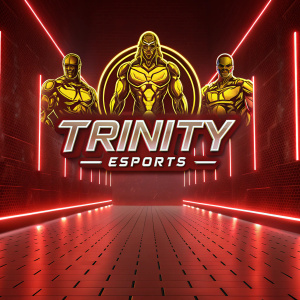 A futuristic digital artwork showcasing Trinity Esports logo. The design is vibrant and dynamic, featuring muscular avatars in gold hues against a deep red backdrop. The logo is rendered in sleek, modern font, exuding energy and strength.