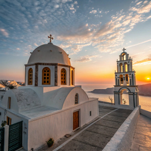 Serene sunset in Santorini's Fira. Traditional Greek church, painted white with dome and bell arch. Golden sunset hues illuminate the facade, highlighting architectural details as sky transitions from blue to warm tones.