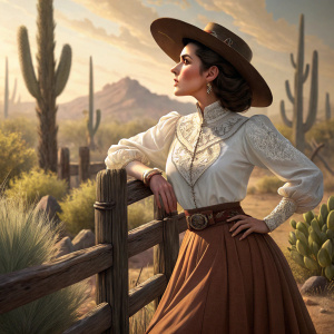 Linda Cristal as Victoria Montoya Cannon, dressed in a western-style outfit. White blouse with lace, brown skirt. Standing by an old fence with desert flora in the background. Warm lighting.