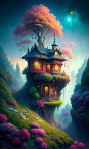 a small coquette one story pink magical house, with golden magical windows and green lush plants growing on it, on top of a hill, in a wild forest, surrounded by magical golden fairies