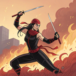 Elektra, martial artist from Marvel Comics. Wears sleek black outfit and crimson headscarf. Holds twin katana in combat pose. Background features erupting flames and billowing smoke. Illustration vibrant with high contrast and bold colors.