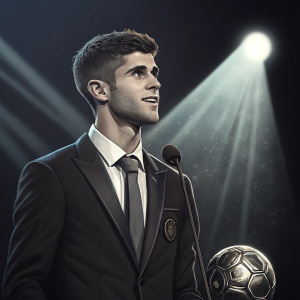 Christian Pulisic, soccer player, at a media event. Formal attire, suit and tie. Dark stage background, spotlight on him.