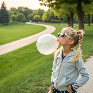 Young girl, blonde pigtails, gum bubble, casual sportswear, and sunglasses. Park setting