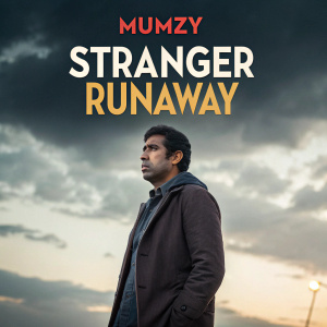 Facebook page promoting 'Mumzy STRANGER RUNAWAY' film. Serious-faced South Asian man, standing against a dramatic sky backdrop. Digital webpage style.