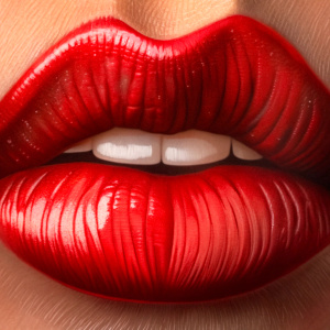 close-up view of sensual lips painted red vermilion with a gesture of silence on the lips. acrylic technique