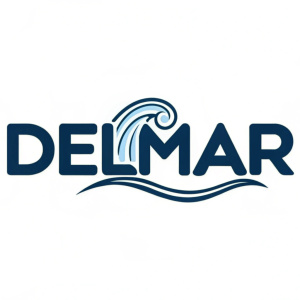 Logo design for Delmar, featuring a sleek, modern font with a wave-like element in the letterform. Set against a crisp white backdrop, the logo utilizes a dark blue color for the text, creating a minimalist and distinctive appearance.