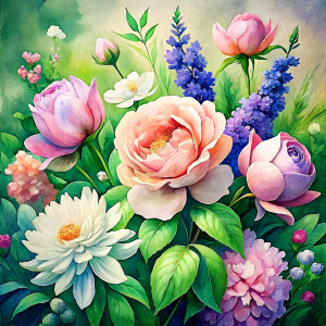 watercolor image ,Pink white Peonies Snowdrops, lobelia, clematis,salvia , carnation, Common Crape Myrtle., Ranunculus viburnum, wax flower, dandelion, geranium , watercolor , watercolor