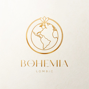 logo en fondo blanco del simbolo de tierra y mar minimalista dorado con nombre bohemia en mayuscula