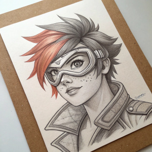 A detailed grayscale pencil sketch of a character inspired by Overwatch's Tracer. The artwork focuses on a close-up view of the face and hairstyle, set against a plain paper background with a brown cardstock border.