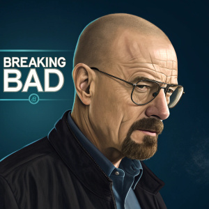 Digital portrait of Walter White from Breaking Bad. White, bald, glasses, stern look. Dark blue background with Breaking Bad logo.
