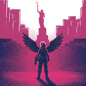 Promotional poster for Netflix's latest series. Female lead, with wings and halo, stands on a city street. Behind her, a massive statue. She wears tactical gear and holds a flame. Urban dystopian setting