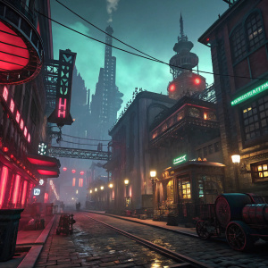 Screenshot from Wolfenstein II. Futuristic steampunk cityscape with dark shadows and glowing neon lights.