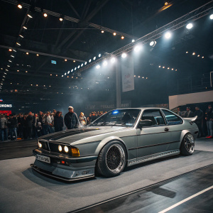 Gray BMW E24 635csi widebody concept car showcased at a high-end car exhibition. Sleek design, wide body, large rear wing. Surrounded by bright spotlights and curious spectators.