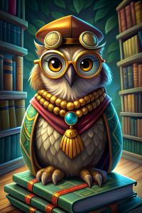 lAn owl with glasses and a medal around his neck in a black square academic hat next to a stack of books