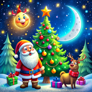 homey colourful christmas tree santa clause and rudolph and the moon very good high quality