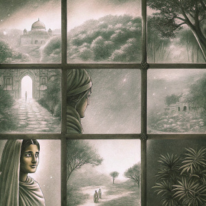 In a series of monochrome comic panels, Draupadi's epic journey is depicted. Each scene is meticulously detailed, from the intricate landscapes to the expressive characters, set against a backdrop of ancient India. The panels are arranged in a grid, capturing key moments in her saga.