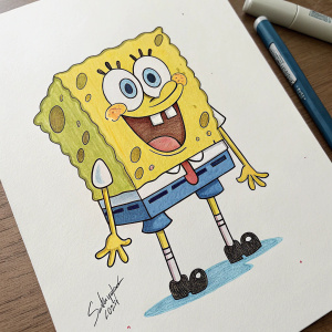 Hand-drawn illustration of SpongeBob SquarePants. Cartoon character with yellow body, blue pants, and playful expression. Signature of artist visible. Simple, colorful design on white background.