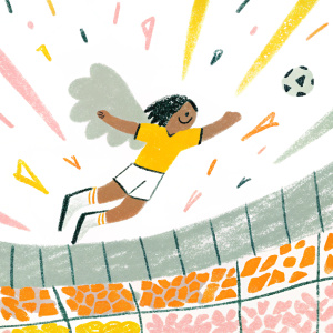 Digital illustration of Ronaldinho soaring with angel wings. Mid-kick action in a vibrant stadium scene.