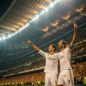 Cristiano Ronaldo and Alvaro Arbeloa celebrating in a packed stadium. Golden seats and bright lights. Excited fans surrounding them