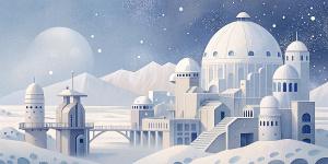 White illustration,  Wes Anderson style, surreal collage of many complex buildings and briges, huge ocean and galaxy sky, soft lines, more white, grainy paper