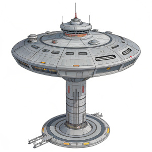 An industrial space station from Star Trek. Grey metallic structure with numerous levels. No decorative elements, purely functional design. The image focuses on the station's overall shape and layout.