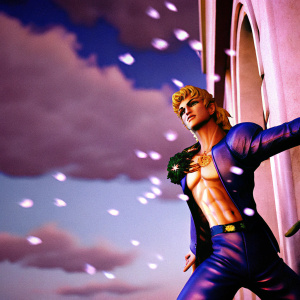 Giorno Giovanna, character from JoJo's Bizarre Adventure, dynamic pose. Vibrant pink backdrop with floating, delicate white particles