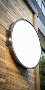 Mock up of round blank signboard. Place for text, Copy space, outdoor advertising, banner. Blank white round store signboard mockup. Empty white illuminated shop lightbox template mounted on wooden wall 
