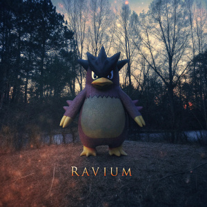 Ravium, a Pokémon character, standing with a fierce expression, set against a backdrop of soft pastel hues. Vibrant colors of purple, yellow, and brown tones make up its detailed design. The word 'Ravium' is prominently displayed.