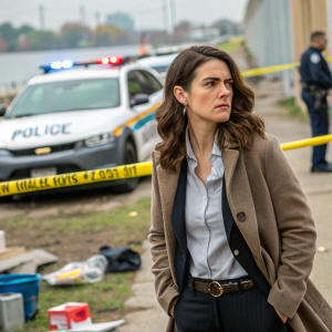Aliyah O'Brien, playing a detective, stands outside a crime scene. She looks focused. Police car and various forensic equipment are visible.