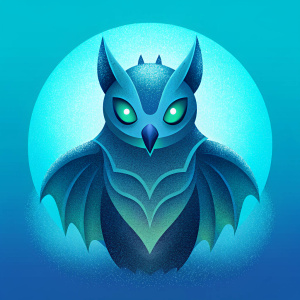 unusual black blue hybrid of humanoid bat fenek owl in blue green yellow gradient water