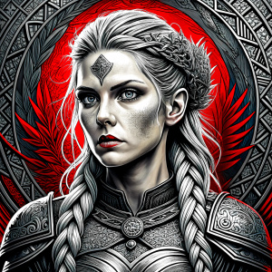 shieldmaiden perfect realistic art, high-definition, high-definition grey and black, white background 