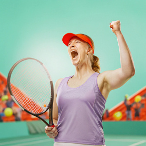 Maria Sharapova, victorious on the tennis court, fist raised, mouth agape in a triumphant yell. Purple Nike top, visor, and vibrant stadium backdrop.