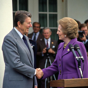 Ronald Reagan and Margaret Thatcher, both in suits, shaking hands at the White House press conference. Reagan in gray suit, Thatcher in purple suit.
