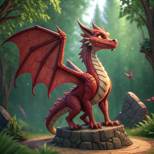 A digital 3D render of a red dragon from Spyro Reignited Trilogy, poised and majestic. The dragon's scales and wings are highly detailed. The background is a vivid green forest.
