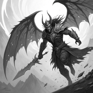 Aatrox, fierce warrior, with wings and dark, bold face. Depicted in dynamic motion, black and white artwork.