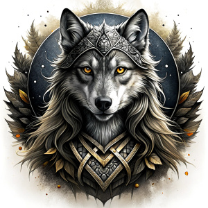 Nordic Godness Ylva She-Wolf - perfect realistic art, high-definition grey and black, white background tattoo design