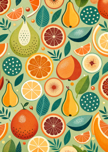minimalist graphic pattern of fruits, using simple shapes, Modern Ukiyo-e style woodcut, maximise the negative space, vivid pastels