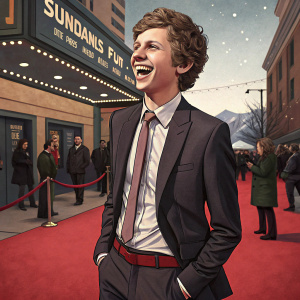 Michael Cera at the Sundance Film Festival, dressed in a suit, with a big smile.