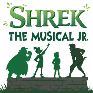 Promotional poster for Shrek the Musical Jr. featuring cartoon-like characters with green silhouettes. Green and white color palette with bold, simple design.