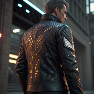 Concept art for a high-tech leather jacket. Cyberpunk style, featuring flametouched patterns on the back. Mesh texture, detailed design.